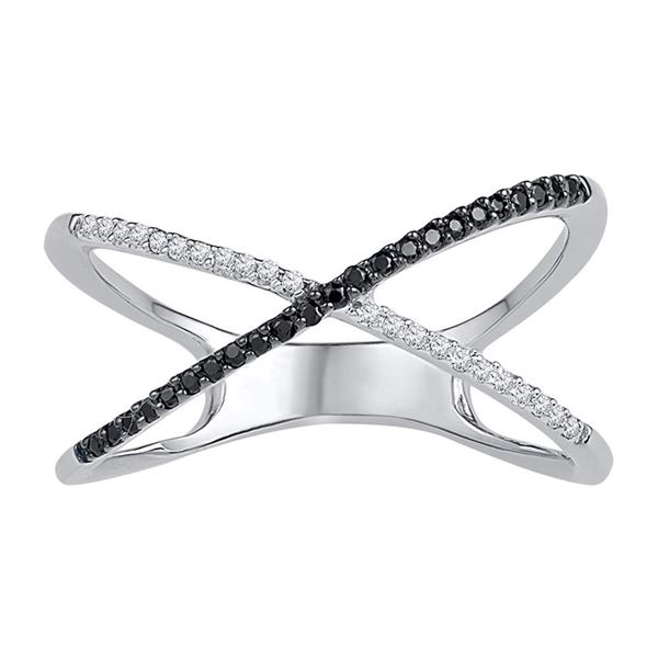 Black Color Enhanced Diamond Crossover Band Ring 1/6 Cttw 10kt White Gold