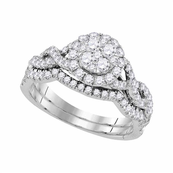 Diamond Cluster Bridal Wedding Ring Band Set 7/8 Cttw 14kt White Gold