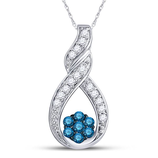 Blue Color Enhanced Diamond Cradled Cluster Pendant 1/4 Cttw 10kt White Gold