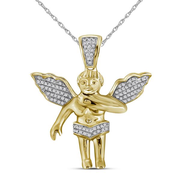 Mens Diamond Polished 3D Guardian Angel Cherub Charm Pendant 1/6 Cttw 10k Yellow Gold