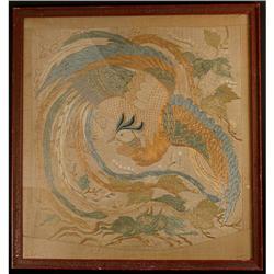 Framed 19th C. Edo Period Embroidery of Phoenix#1964965