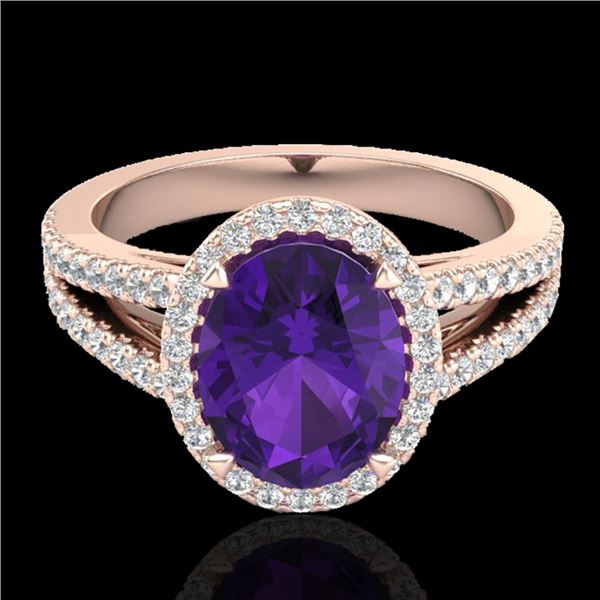 3 ctw Amethyst & Micro VS/SI Diamond Halo Ring 14k Rose Gold - REF-49F3M