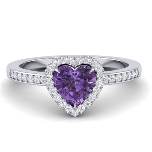 1 ctw Amethyst & Micro Pave Ring Heart Halo 14k White Gold - REF-25X2A