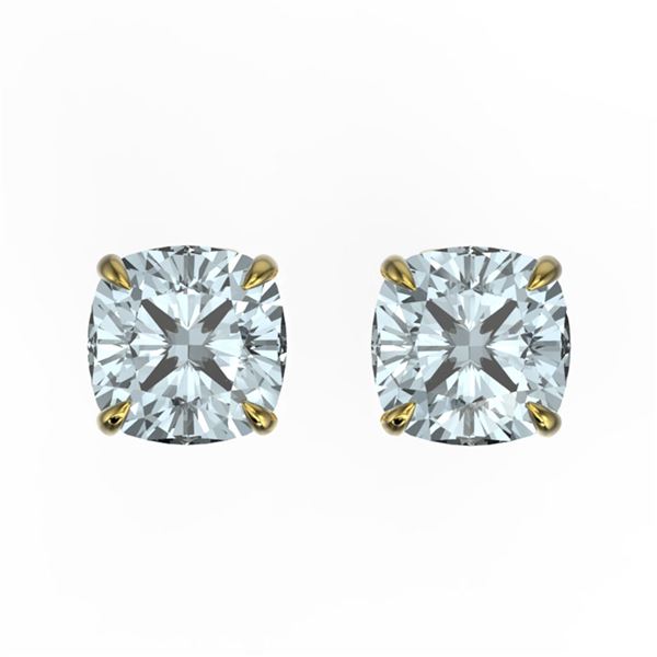 3 ctw Cushion Cut Aquamarine Designer Stud Earrings 18k Yellow Gold - REF-40M9G