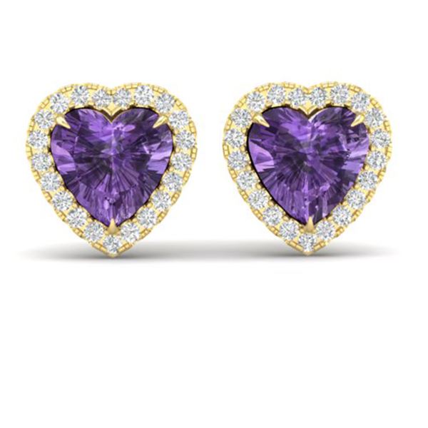 2 ctw Amethyst & Micro Pave VS/SI Diamond Earrings Heart 14k Yellow Gold - REF-38N2F