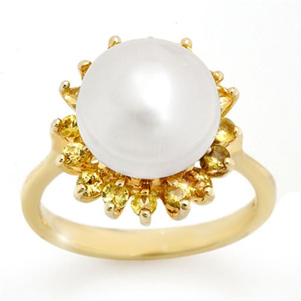 0.75 ctw Yellow Sapphire & Pearl Ring 10k Yellow Gold - REF-20X6A