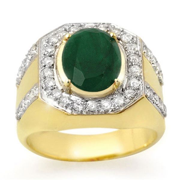 5.25 ctw Emerald & Diamond Men's Ring 10k Yellow Gold - REF-123F6M