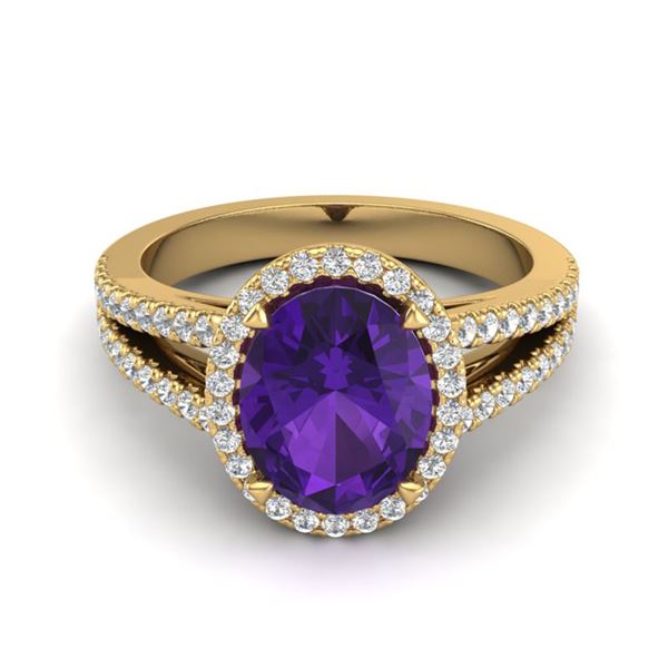 3 ctw Amethyst & Micro VS/SI Diamond Halo Ring 18k Yellow Gold - REF-52Y4X