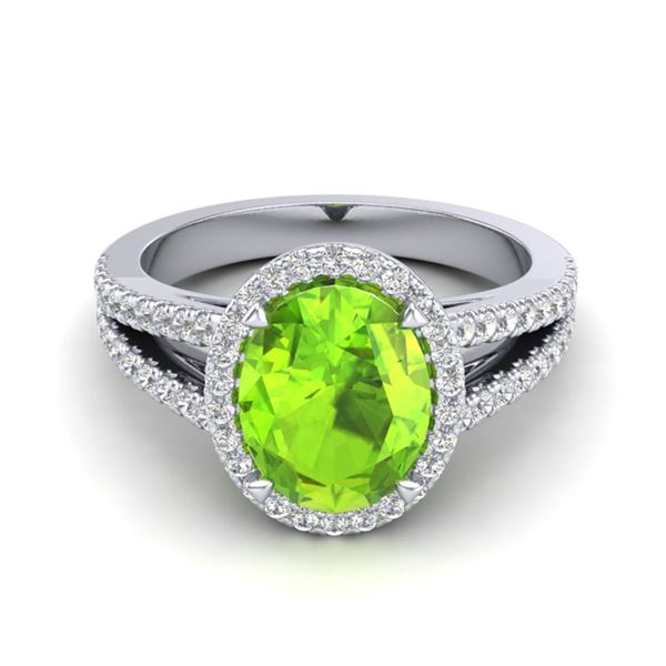 3 ctw Peridot & Micro VS/SI Diamond Halo Solitaire Ring 18k White Gold - REF-55K9Y