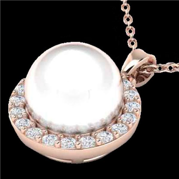 0.25 ctw Micro VS/SI Diamond & White Pearl Necklace 14k Rose Gold - REF-25M4G