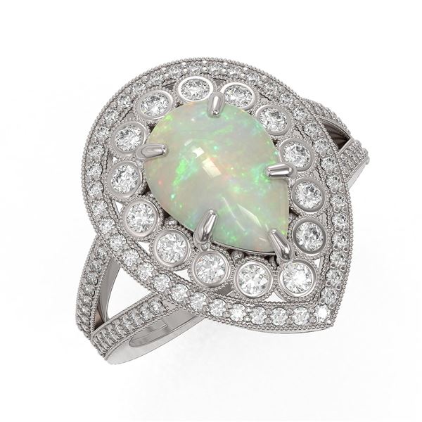 4.19 ctw Certified Opal & Diamond Victorian Ring 14K White Gold - REF-148K2Y