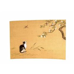 Old Japanese Silk Brush Painting w Cat in Water#1918374