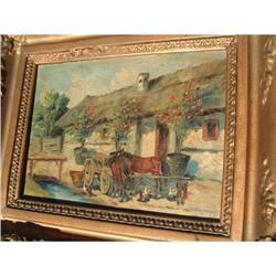 Antique oil painting on wood board featuring a #1936906