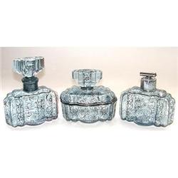 Silver Overlay Blue Art Deco Glass Vanity Set #1947320