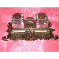 Antique Vintage Double Glass Brass Inkwell Set #1962675