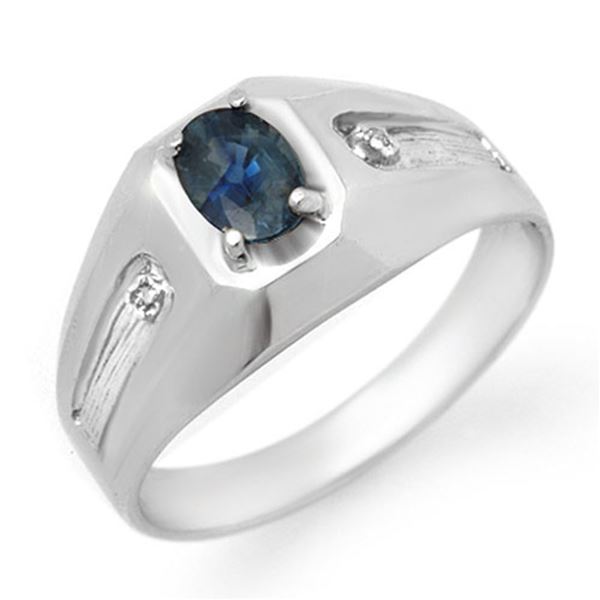 0.68 ctw Blue Sapphire & Diamond Men's Ring 10k White Gold - REF-23R9K