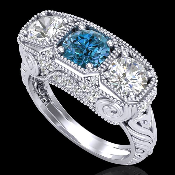 2.51 ctw Intense Blue Diamond Art Deco 3 Stone Ring 18k White Gold - REF-345A5N