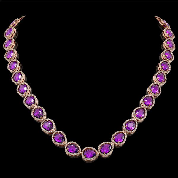 43.2 ctw Amethyst & Diamond Micro Pave Halo Necklace 10k Rose Gold - REF-603H3R