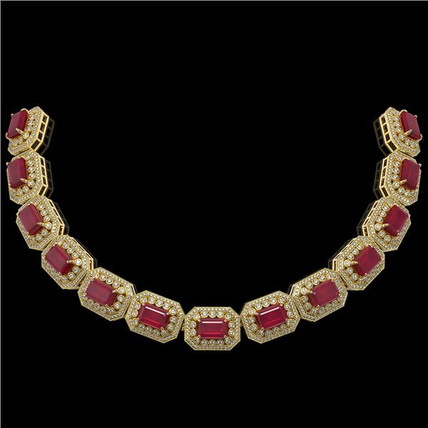 137.65 ctw Certified Ruby & Diamond Victorian Necklace 14K Yellow Gold - REF-2875R6K