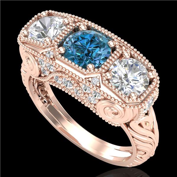 2.51 ctw Intense Blue Diamond Art Deco 3 Stone Ring 18k Rose Gold - REF-345F5M