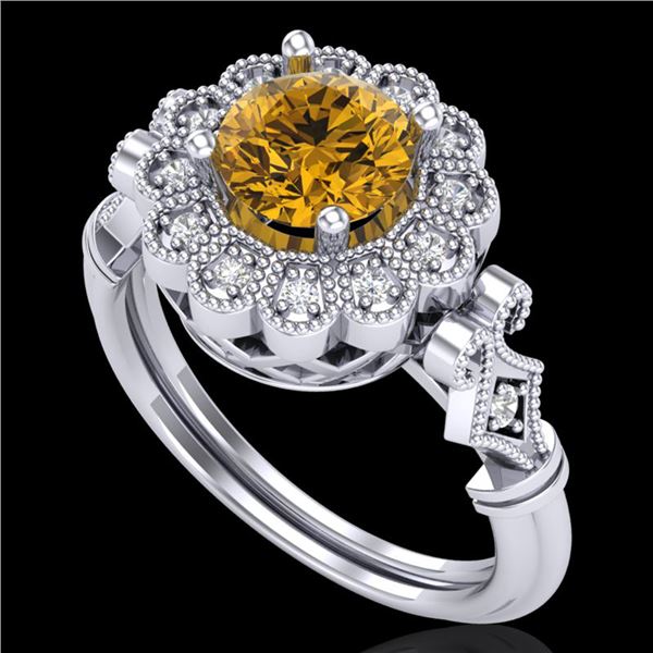 1.2 ctw Intense Fancy Yellow Diamond Art Deco Ring 18k White Gold - REF-290G9W
