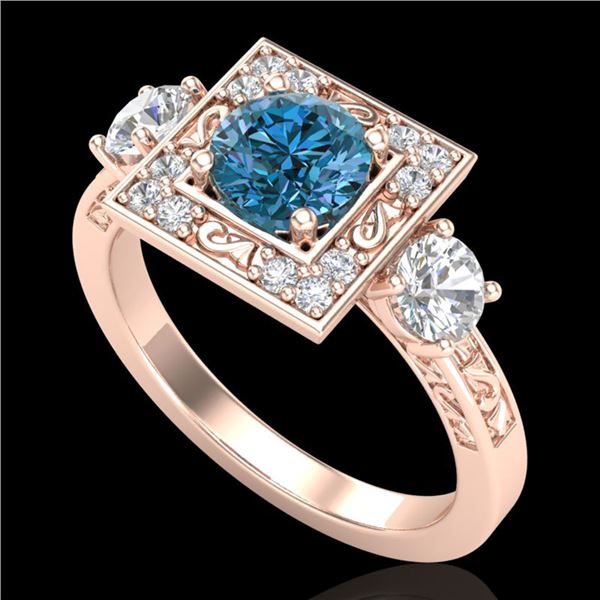 1.55 ctw Intense Blue Diamond Art Deco 3 Stone Ring 18k Rose Gold - REF-178Y2X