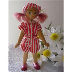 Doll Wooden Poland  GIRL RED STRIPE Wood 1970s #1909828