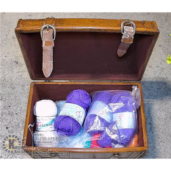 LARGE WOOD CHEST FILLED WITH KNITTING WOOL
