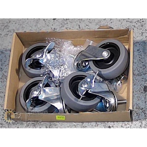 4 NEW WHEELS ON CASTORS WITH HARDWARE.