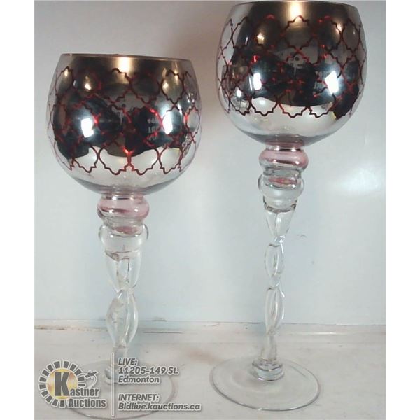 PAIR OF LARGE RED AND SILVER GOBLETS.