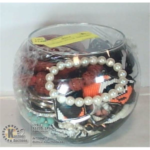 GLASS BOWL FULL OF JEWELLERY