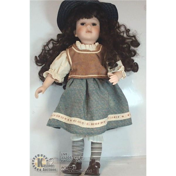 17" DOLL WITH LONG BROWN HAIR & HAT