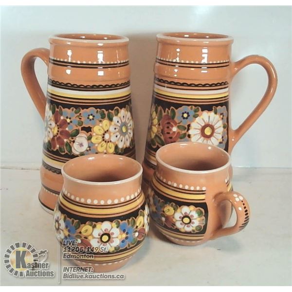 HAND PAINTED CZECH REPUBLIC 2 STEINS & 2 MUGS