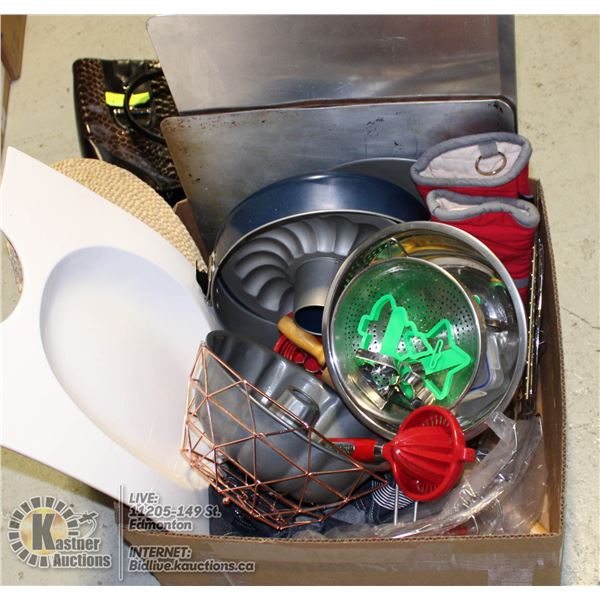 LARGE BOX OF BAKEWARE INCLUDES: BUNDT PANS,