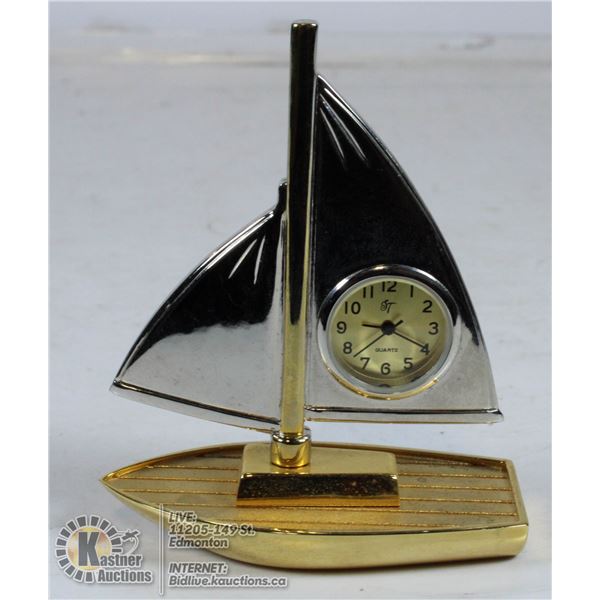 UNCLAIMED HEAVY SILVER & BRASS SAIL BOAT CLOCK