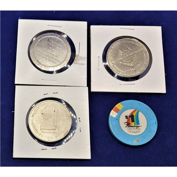 1)  LOT OF 4 VINTAGE VEGAS CASINO TOKENS:
