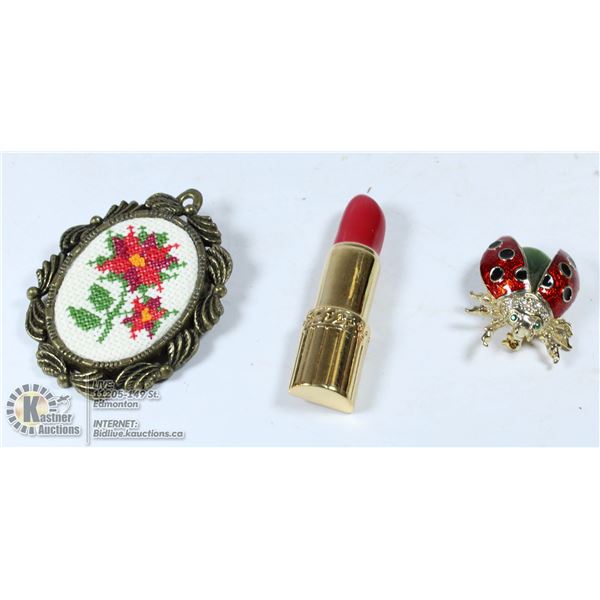 LADY BUG,  LIPSTICK, & NEEDPOINT BROOCHES VINTAGE