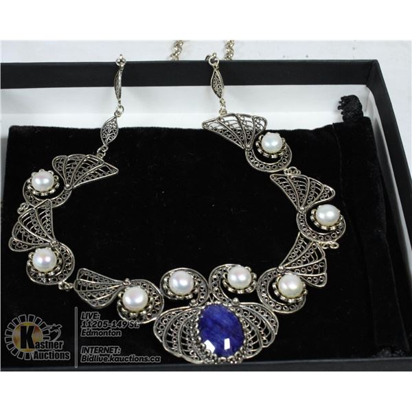 STERLING SILVER PEARL & SAPPHIRE NECKLACE