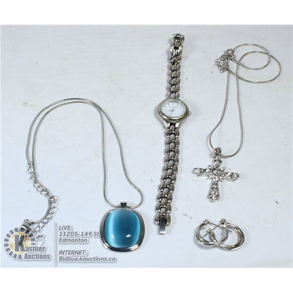 SILVER CROSS BLUE PENDANT NECKLACES & WATCH