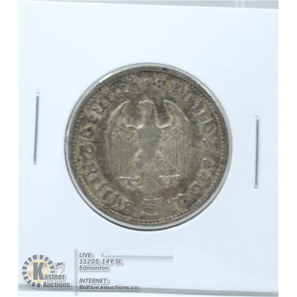1936E NAZI GERMANY SILVER 5 MARK