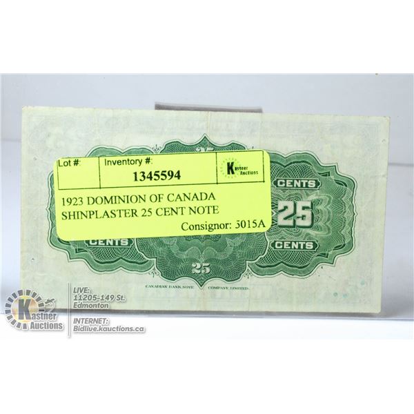 1923 DOMINION OF CANADA SHINPLASTER 25 CENT NOTE