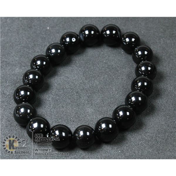 #214- NATURAL BLACK OBSIDANT BEAD BRACELETE 10 MM