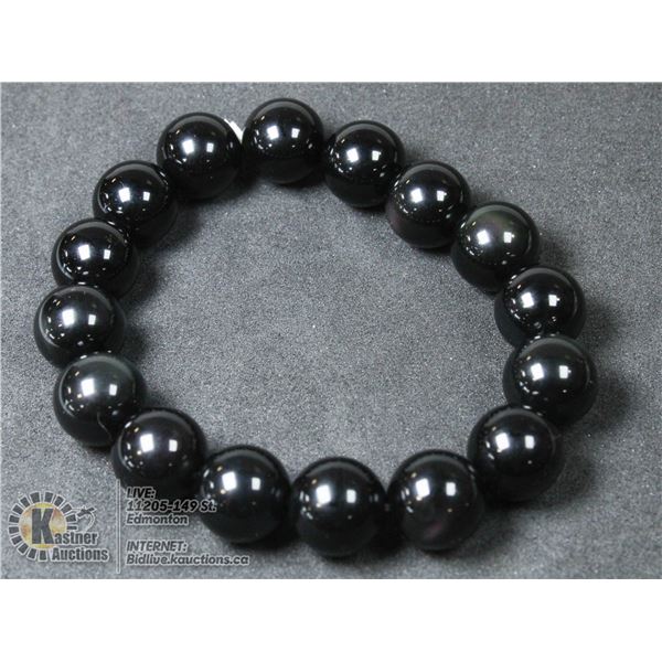 #210- NATURAL BLACK OBSIDANT BEAD BRACELETE 12 MM