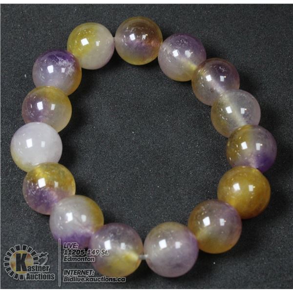 #237- NATURAL YELLOW & PURPLE  JADE BEAD BRACELET