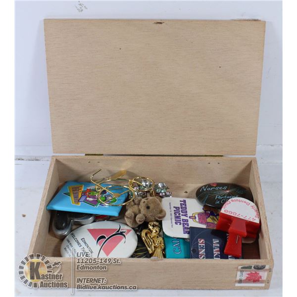 CIGAR BOX FULL OF ASSTD PINS, BROOCHES & JEWELRY