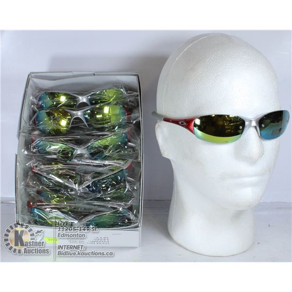 BOX OF BURNT ORANGE OAKLEY STYLE SUNGLASSES.