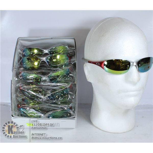 BOX OF BURNT ORANGE OAKLEY STYLE SUNGLASSES.