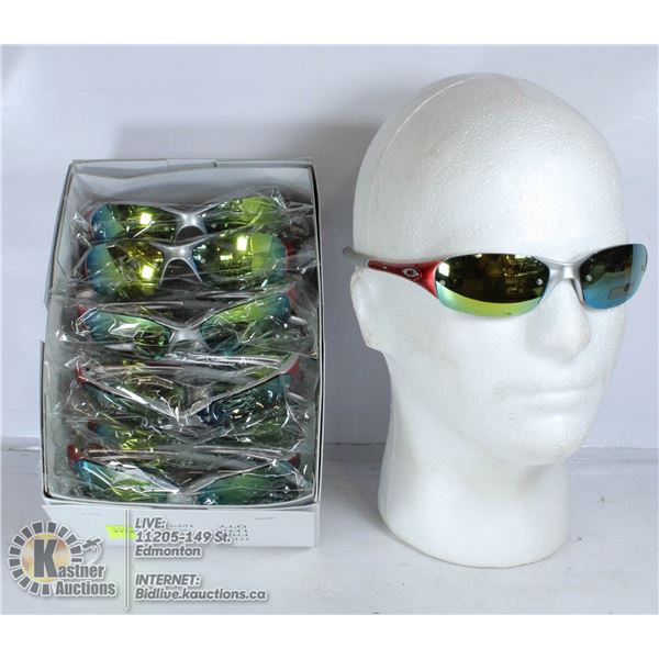 BOX OF BURNT ORANGE OAKLEY STYLE SUNGLASSES.