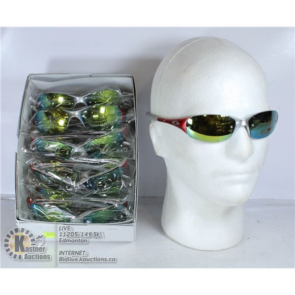 BOX OF BURNT ORANGE OAKLEY STYLE SUNGLASSES.