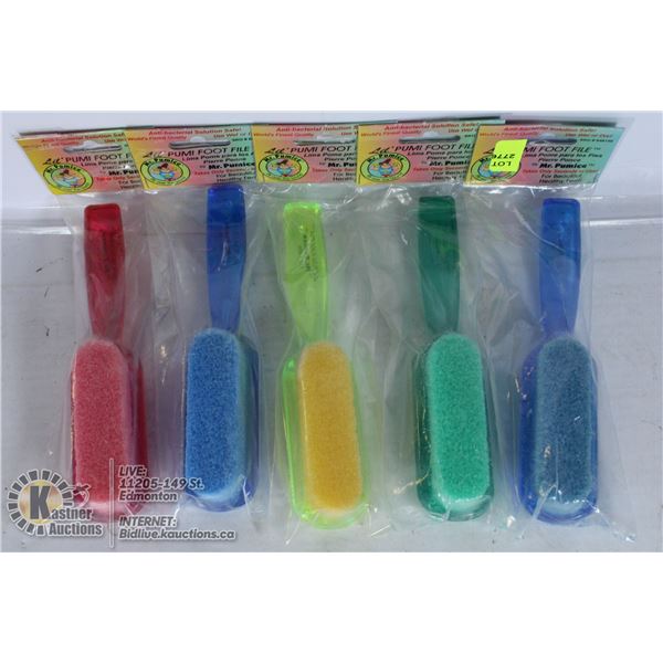LOT OF 5 MULTICOLOURED FOOT FILE AND PUMICE STONES